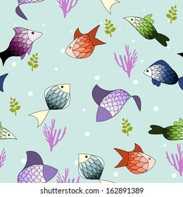 Background seamless pattern with colorful fish, corals, algae and bubbles. Seamless pattern can be used for wallpaper, pattern fills, web page background, surface textures