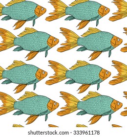 Background seamless pattern with crucian hand drawn with ink in comics style. Gold fish. 