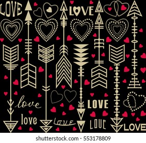 Background or seamless pattern with delicate arrows, hearts and inscriptions of love for use in cards, posters, invitations in Valentine's Day. Vintage style.