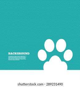 Background with seamless pattern. Dog paw sign icon. Pets symbol. Triangles green texture. Vector