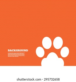 Background with seamless pattern. Dog paw sign icon. Pets symbol. Triangles orange texture. Vector