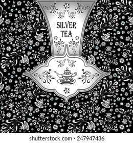 Background  with  seamless pattern in doodle style for advertising Tea or package or template  in white silver grey black colors