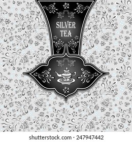 Background  with  seamless pattern in doodle style for advertising Tea or package or template  in white silver grey black colors