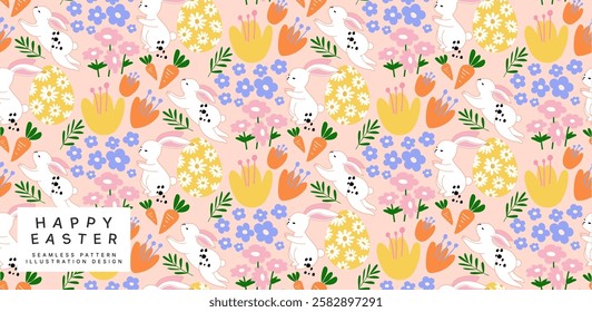 background and seamless pattern of easter day concept, cartoon and character, bunny or rabbit with flowers and egg, seasonal theme, flower and nature background