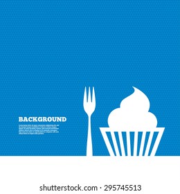 Background with seamless pattern. Eat sign icon. Dessert trident fork with muffin. Cutlery symbol. Triangles texture. Vector