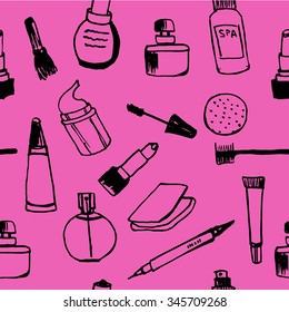 Background seamless pattern of female cosmetics on a pink background sketch hand-drawn vector illustration