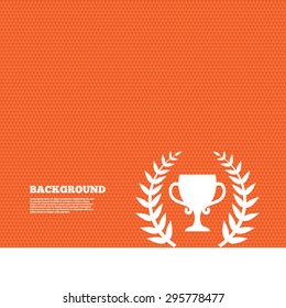 Background with seamless pattern. First place cup award sign icon. Prize for winner symbol. Laurel Wreath. Triangles orange texture. Vector