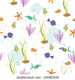 The background seamless pattern with fish, corals, starfish, snails and algae. Seamless pattern can be used for wallpapers, pattern fills, web page backgrounds, surface textures