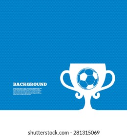 Background with seamless pattern. Football ball sign icon. Soccer Sport symbol. Winner award cup. Triangles texture. Vector