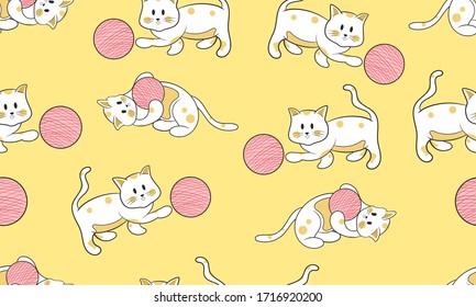background seamless pattern with funny cats playing ball cartoon style drawing, suitable for fabric,wall, background