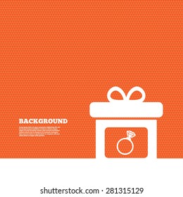 Background with seamless pattern. Gift box sign icon. Present with engagement ring symbol. Triangles orange texture. Vector