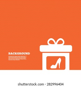 Background with seamless pattern. Gift box sign icon. Present with woman shoes symbol. Triangles orange texture. Vector