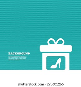 Background with seamless pattern. Gift box sign icon. Present with woman shoes symbol. Triangles green texture. Vector