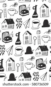 Background seamless pattern. with hand drawn sketchy tea and coffee cups, vase, seeds, note. ladder, turntable, stylus, spoon. The image is made in the style of hand-made, bright, simple. 