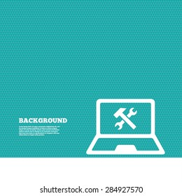 Background with seamless pattern. Laptop repair sign icon. Notebook fix service symbol. Triangles green texture. Vector