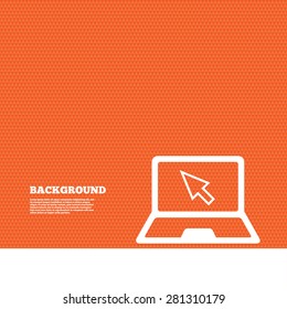 Background with seamless pattern. Laptop sign icon. Notebook pc with cursor pointer symbol. Triangles orange texture. Vector