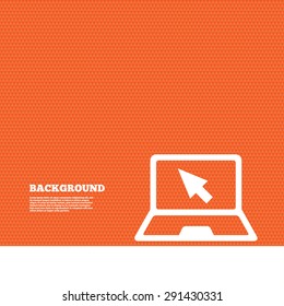 Background with seamless pattern. Laptop sign icon. Notebook pc with cursor pointer symbol. Triangles orange texture. Vector