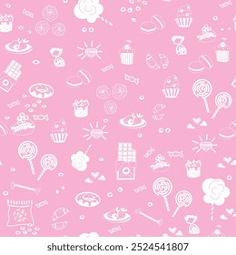 The background is a seamless pattern made up of carelessly drawn images of sweets.