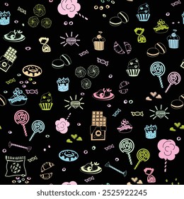The background is a seamless pattern made up of carelessly drawn images of sweets.