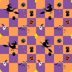 ็Halloween Background Seamless Pattern. Orange And Purple Color Checked Or Gingham Or Tartan With A Cute Ghost, Pumpkin Balloon, Skeleton, Owl, Black Cat, Star And Witch Or Witches.