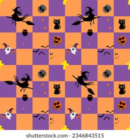 ็Halloween background seamless pattern. orange and purple color checked or gingham or Tartan with a cute ghost, pumpkin balloon, skeleton, owl, black cat, star and witch or witches.