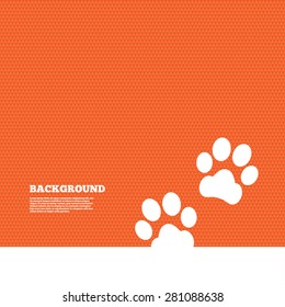 Background with seamless pattern. Paw sign icon. Dog pets steps symbol. Triangles orange texture. Vector