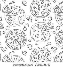 Background seamless pattern pizza doodle, sliced pizza pieces and ingredients.