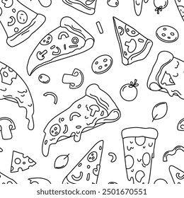 Background seamless pattern pizza doodle, sliced pizza pieces and ingredients.