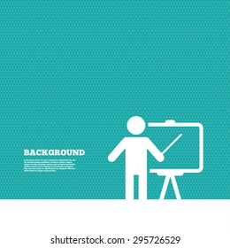 Background with seamless pattern. Presentation sign icon. Man standing with pointer. Blank empty billboard symbol. Triangles green texture. Vector