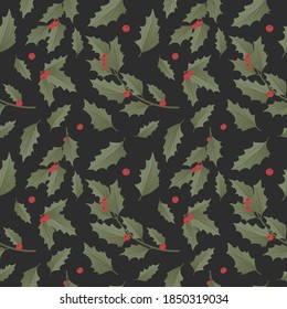 Background seamless pattern with realistic christmas tree branches, fir-cones, mistletoe and holly, ilex.