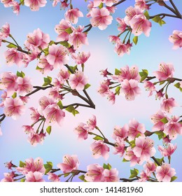 Background seamless pattern with sakura tree. Beautiful Japanese background with pink sakura blossom - Japanese cherry tree.Vector illustration