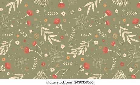 Fondo Con Patrón Sin Costura. Patrón botánico de primavera en estilo plano. Lindas flores y hojas. Diseño para postales, banners. Vector