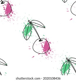 Background seamless pattern with a sweet cherry in the form of a contour with a bright juicy splash. Vector illustration symbol for print, for packing paper, for store, textile. Line art design