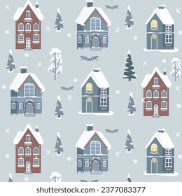 Hintergrund nahtloses Muster mit Winterhäusern im skandinavischen Stil. Weihnachtsmuster.