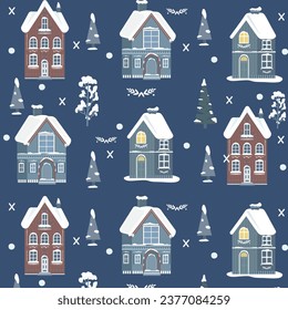 Background seamless pattern with winter houses in Scandinavian style. Christmas pattern.