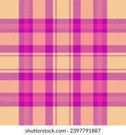 Background seamless plaid of check textile texture with a pattern vector fabric tartan in orange and magenta colors.