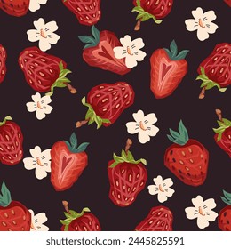 Background with a seamless strawberry pattern. endless background design with strawberries for jam, candies and textile prints, vector illustration