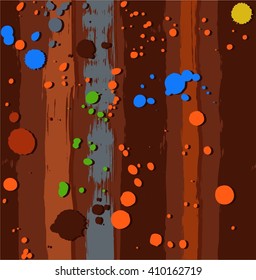 Background seamless, stripes and blobs, brown. Vector background with colorful spots of paint on a brown striped background. Color, flat. The trace of a paint roller and spray paint simulation. 
