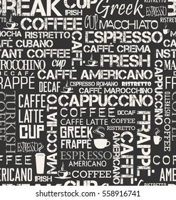 Background seamless tile of coffee words and symbols