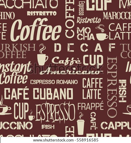 Background seamless tile of coffee words and symbols