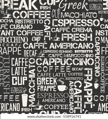 Background seamless tile of coffee words and symbols
