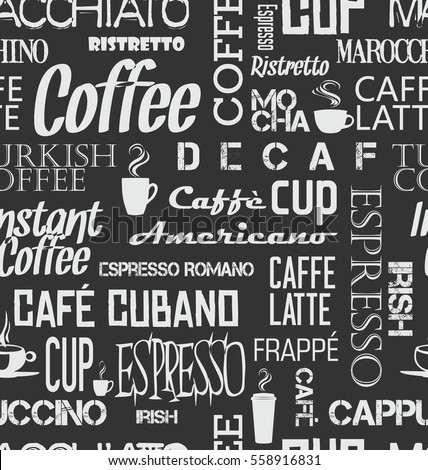 Background seamless tile of coffee words and symbols