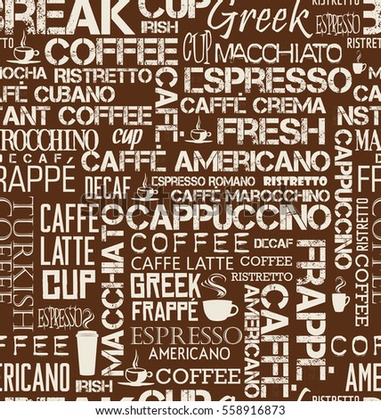 Background seamless tile of coffee words and symbols