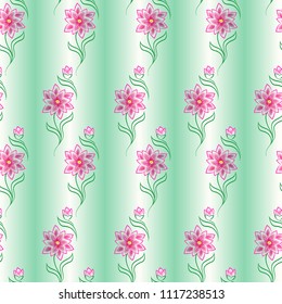 Background seamless vector, pink flowers on green background repeatable pattern for Wallpaper print on fabric design in romantic style.