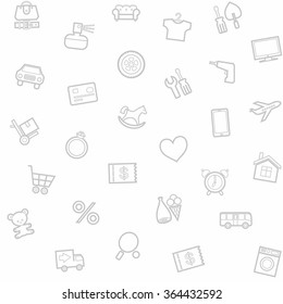 Background, seamless, white, goods category, online store. Seamless white background with gray linear icons are categories of goods online store. 