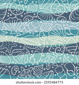 Background with seashells. Seamless pattern with seashells, bubbles and strip.