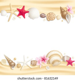 Background with seashells and starfishes making a frame for any text