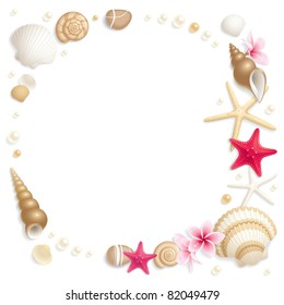 Background with seashells and starfishes making a frame for any text