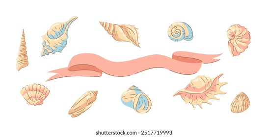 Fondo con conchas marinas. Ilustración de conchas de moluscos submarinos tropicales.