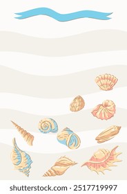 Fondo con conchas marinas. Ilustración de conchas de moluscos submarinos tropicales.